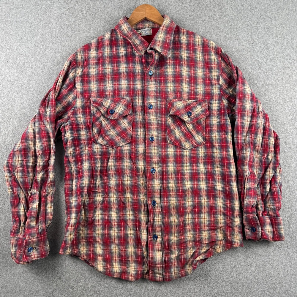 Handmade Flannel Shirt Mens L Red Plaid Button Up Long Sleeve Workwear Casual